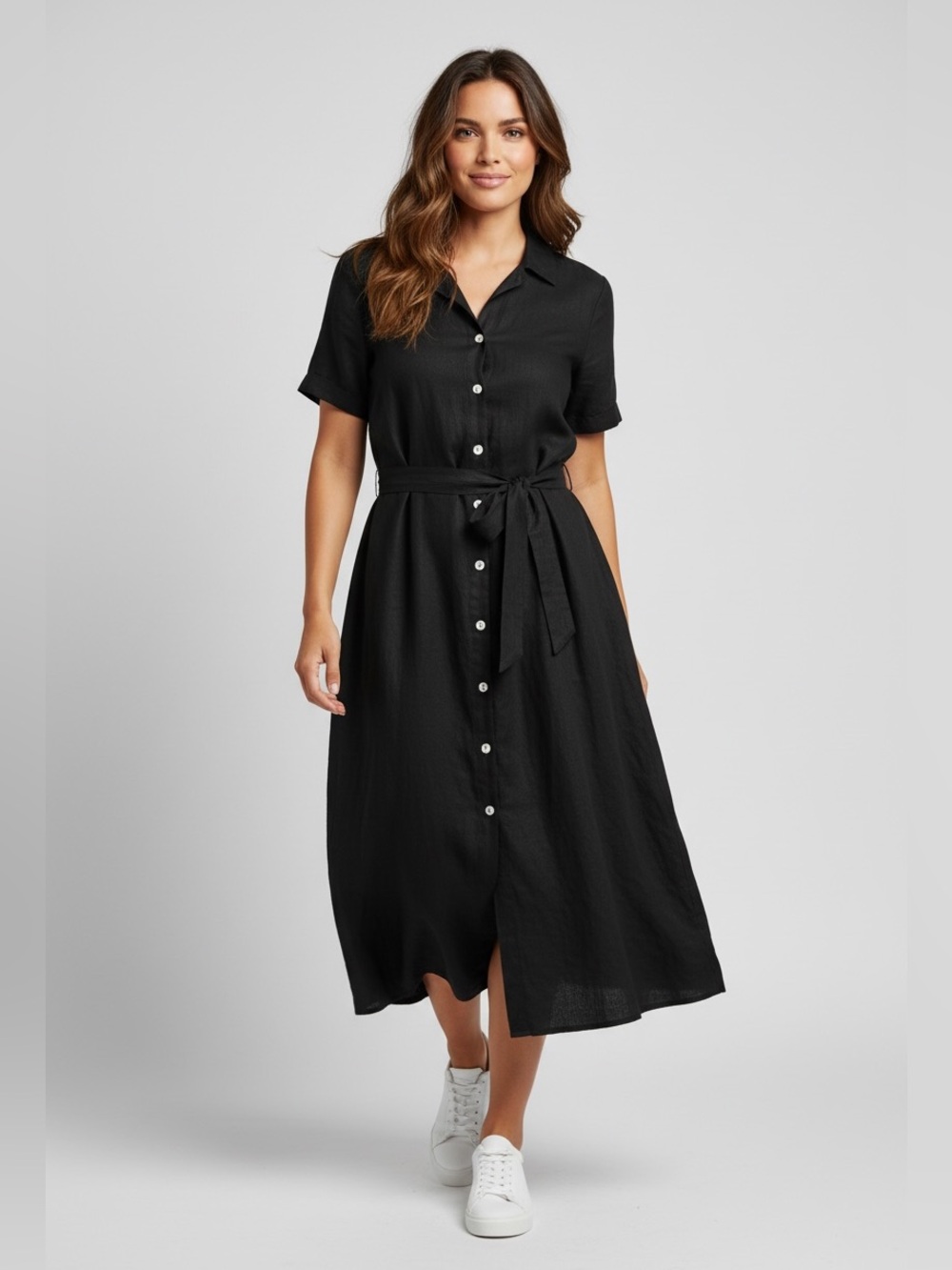Quince Black Short-Sleeve Button-Front European Linen Dress with Tie Waist L